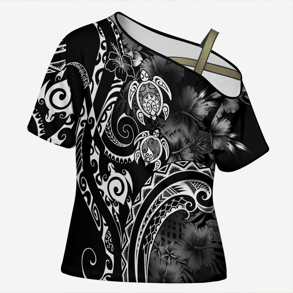 Aloha Hawaii Turtles Floral Cross Shoulder Shirt Obsidian Glaze