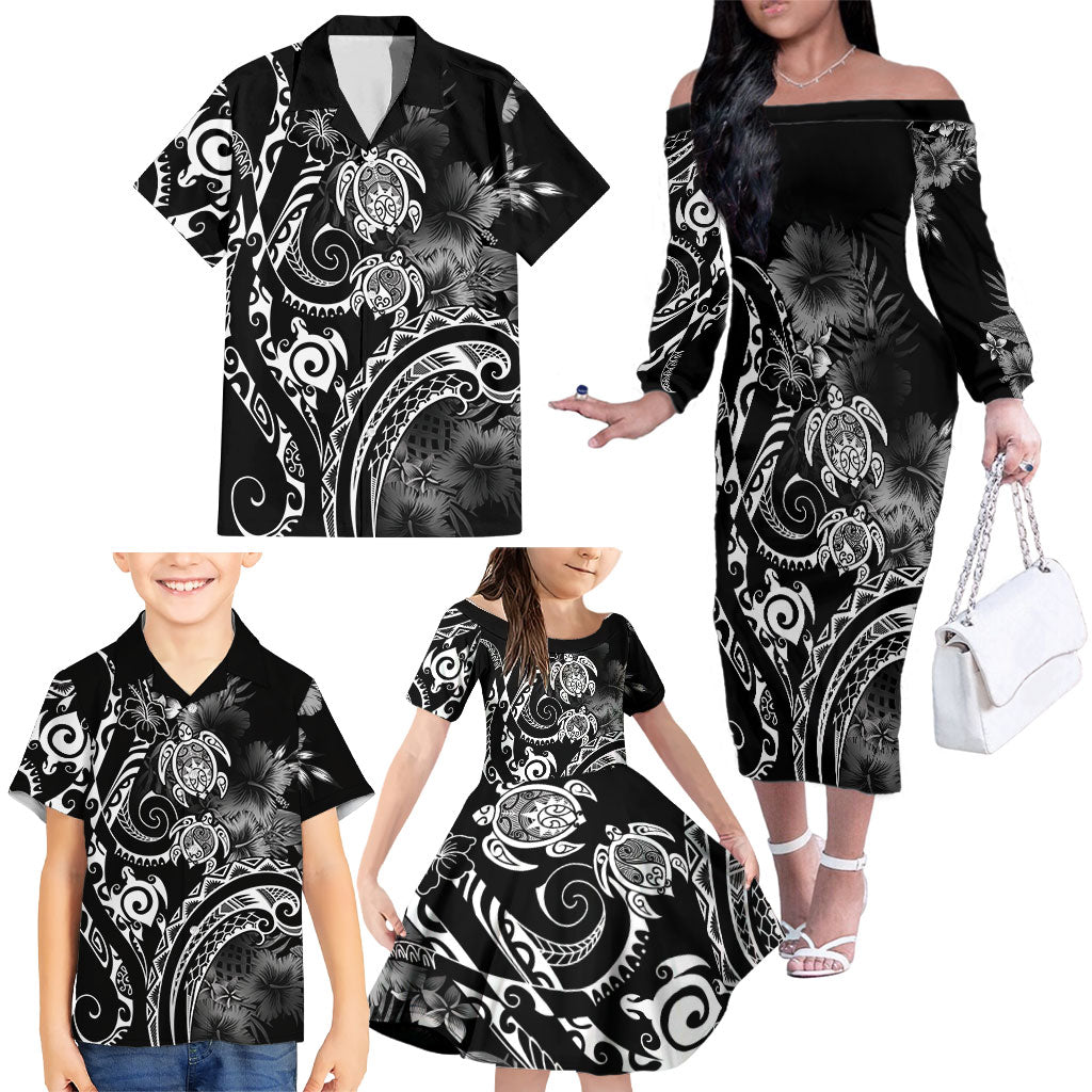 Aloha Hawaii Turtles Floral Family Matching Off The Shoulder Long Sleeve Dress and Hawaiian Shirt Obsidian Glaze
