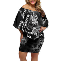 Aloha Hawaii Turtles Floral Family Matching Off Shoulder Short Dress and Hawaiian Shirt Obsidian Glaze
