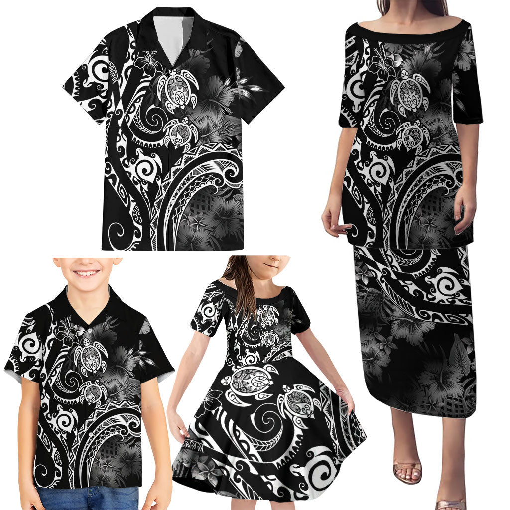 Aloha Hawaii Turtles Floral Family Matching Puletasi and Hawaiian Shirt Obsidian Glaze LT7 - Polynesian Pride
