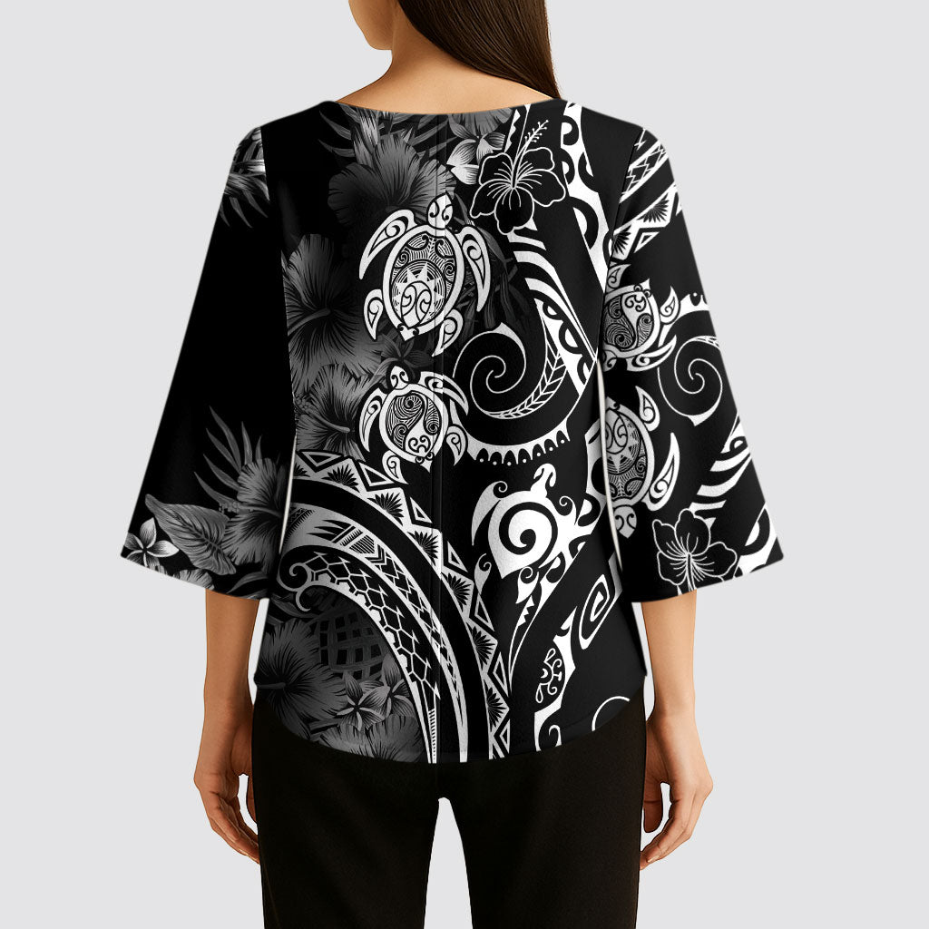 Aloha Hawaii Turtles Floral Kimono Sleeve Blouse Obsidian Glaze
