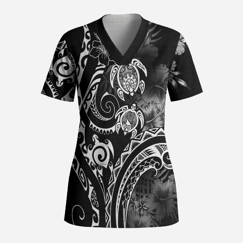 Aloha Hawaii Turtles Floral Scrub Top Obsidian Glaze LT7 Adult Black - Polynesian Pride