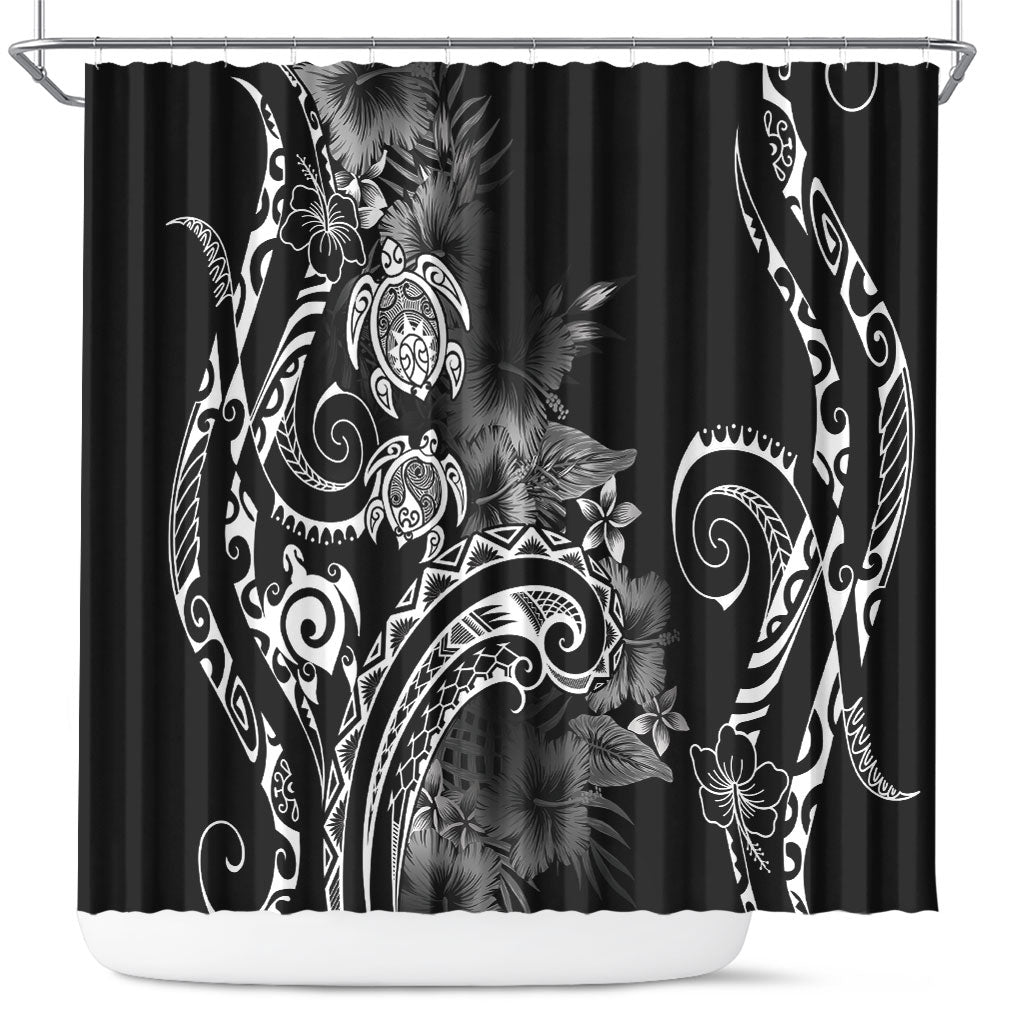Aloha Hawaii Turtles Floral Shower Curtain Obsidian Glaze LT7 Black - Polynesian Pride