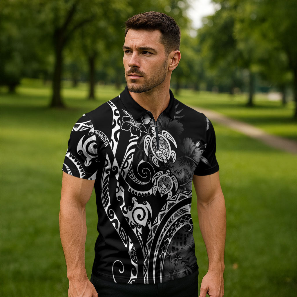 Aloha Hawaii Turtles Floral Zipper Polo Shirt Obsidian Glaze