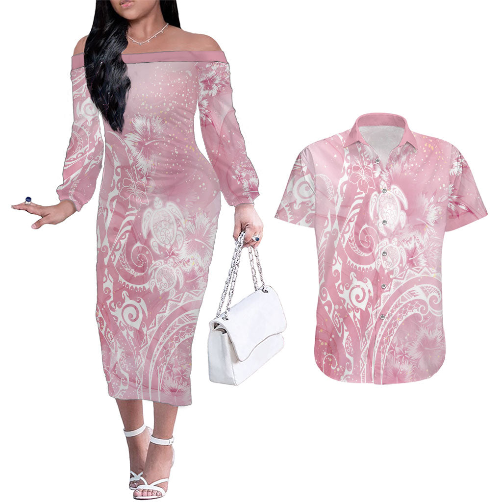 Aloha Hawaii Turtles Floral Couples Matching Off The Shoulder Long Sleeve Dress and Hawaiian Shirt Pink Marbles Glaze
