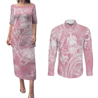 Aloha Hawaii Turtles Floral Couples Matching Puletasi and Long Sleeve Button Shirt Pink Marbles Glaze