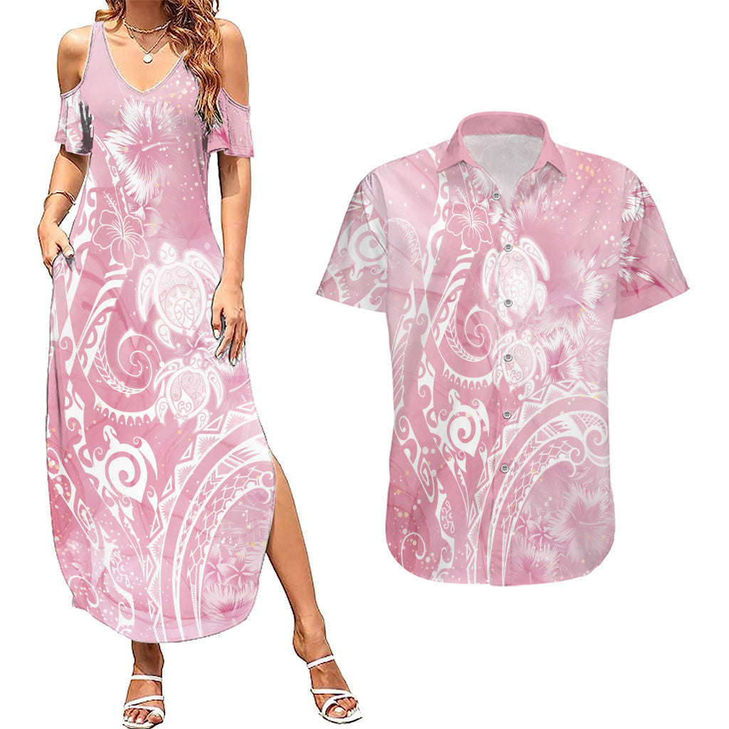 Aloha Hawaii Turtles Floral Couples Matching Summer Maxi Dress and Hawaiian Shirt Pink Marbles Glaze