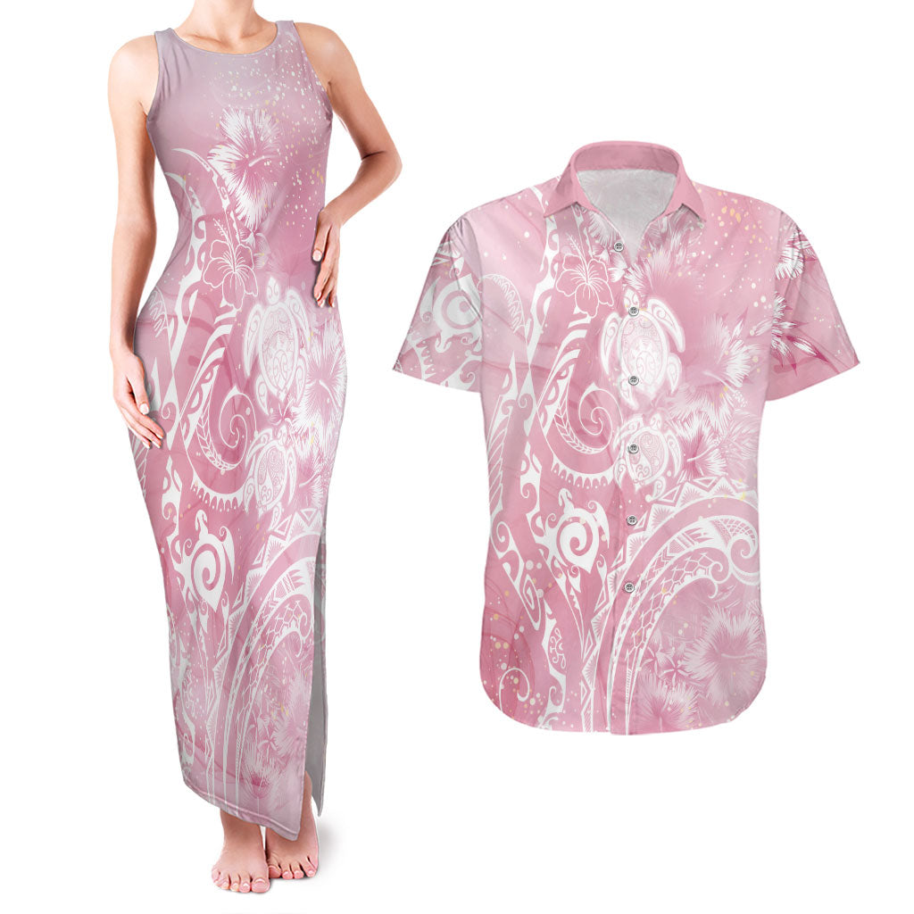 Aloha Hawaii Turtles Floral Couples Matching Tank Maxi Dress and Hawaiian Shirt Pink Marbles Glaze LT7 Pink - Polynesian Pride