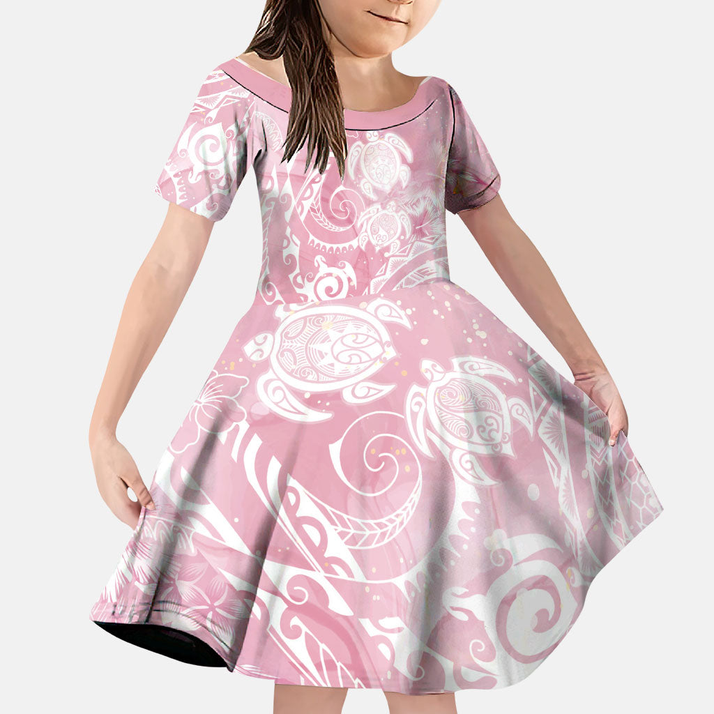 Aloha Hawaii Turtles Floral Family Matching Long Sleeve Bodycon Dress and Hawaiian Shirt Pink Marbles Glaze