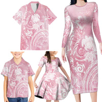Aloha Hawaii Turtles Floral Family Matching Long Sleeve Bodycon Dress and Hawaiian Shirt Pink Marbles Glaze