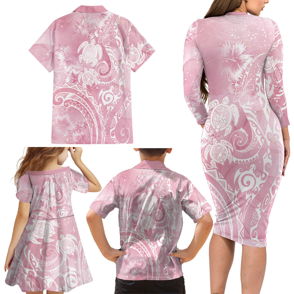 Aloha Hawaii Turtles Floral Family Matching Long Sleeve Bodycon Dress and Hawaiian Shirt Pink Marbles Glaze
