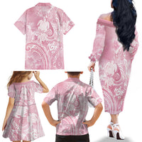 Aloha Hawaii Turtles Floral Family Matching Off The Shoulder Long Sleeve Dress and Hawaiian Shirt Pink Marbles Glaze