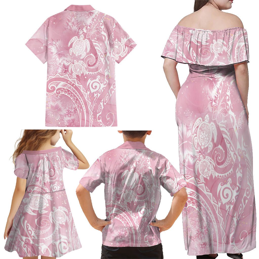 Aloha Hawaii Turtles Floral Family Matching Off Shoulder Maxi Dress and Hawaiian Shirt Pink Marbles Glaze