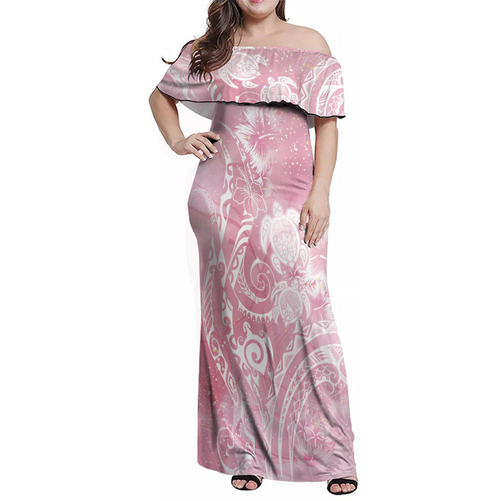 Aloha Hawaii Turtles Floral Family Matching Off Shoulder Maxi Dress and Hawaiian Shirt Pink Marbles Glaze