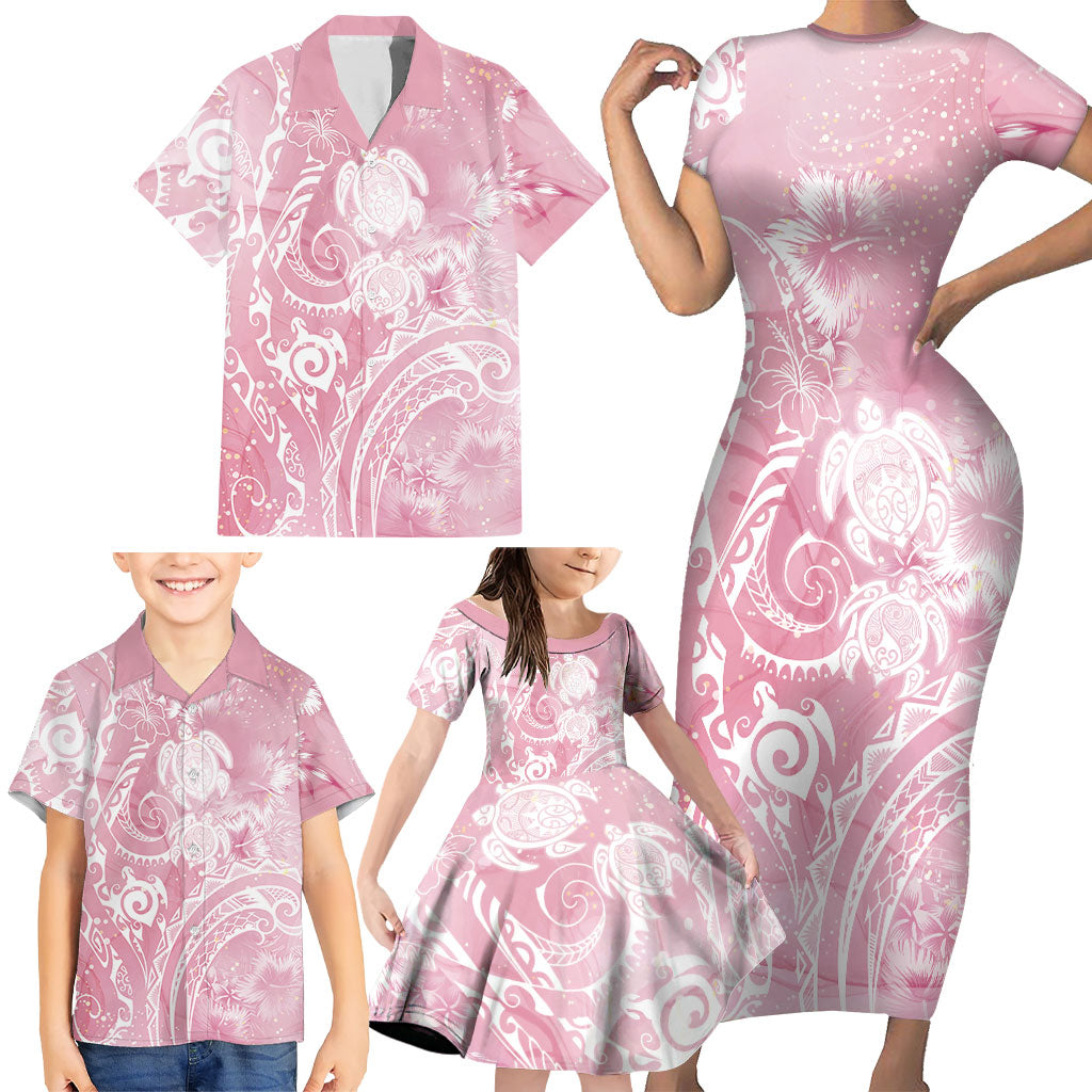 Aloha Hawaii Turtles Floral Family Matching Short Sleeve Bodycon Dress and Hawaiian Shirt Pink Marbles Glaze LT7 - Polynesian Pride