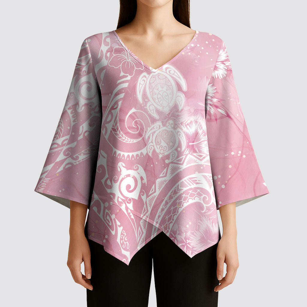 Aloha Hawaii Turtles Floral Kimono Sleeve Blouse Pink Marbles Glaze