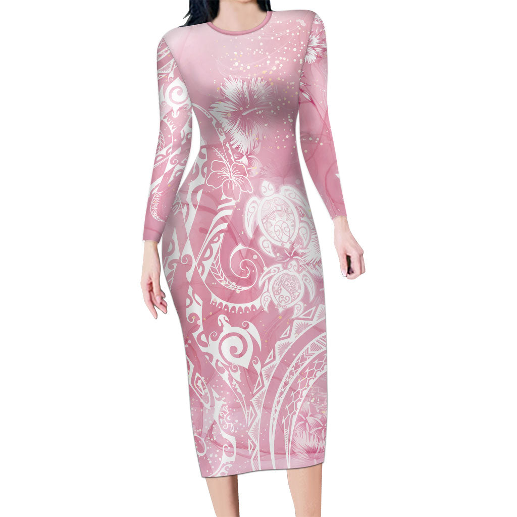 Aloha Hawaii Turtles Floral Long Sleeve Bodycon Dress Pink Marbles Glaze LT7 Long Dress Pink - Polynesian Pride