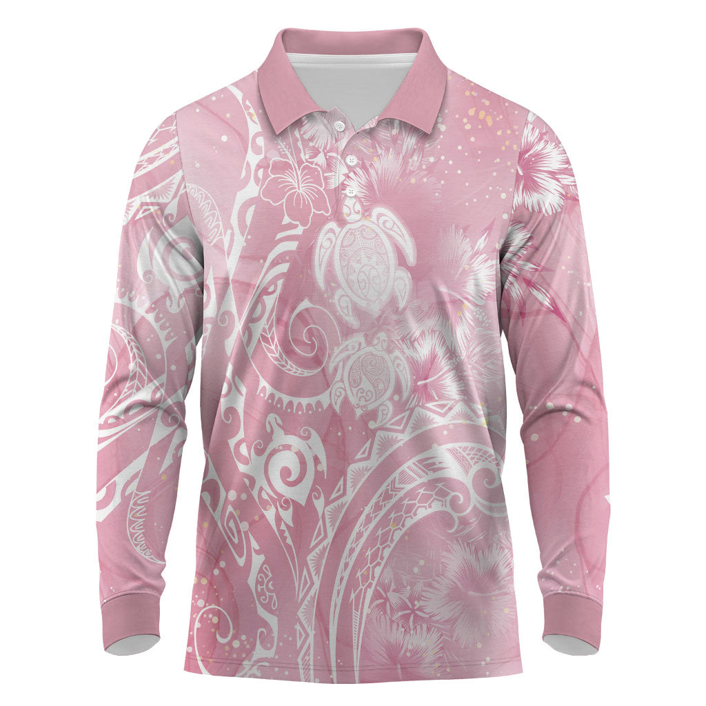 Aloha Hawaii Turtles Floral Long Sleeve Polo Shirt Pink Marbles Glaze