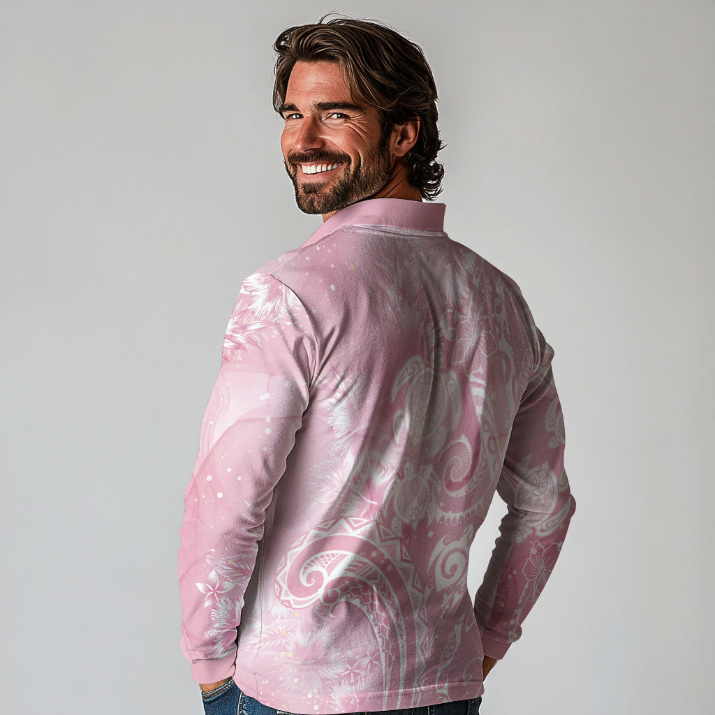 Aloha Hawaii Turtles Floral Long Sleeve Polo Shirt Pink Marbles Glaze