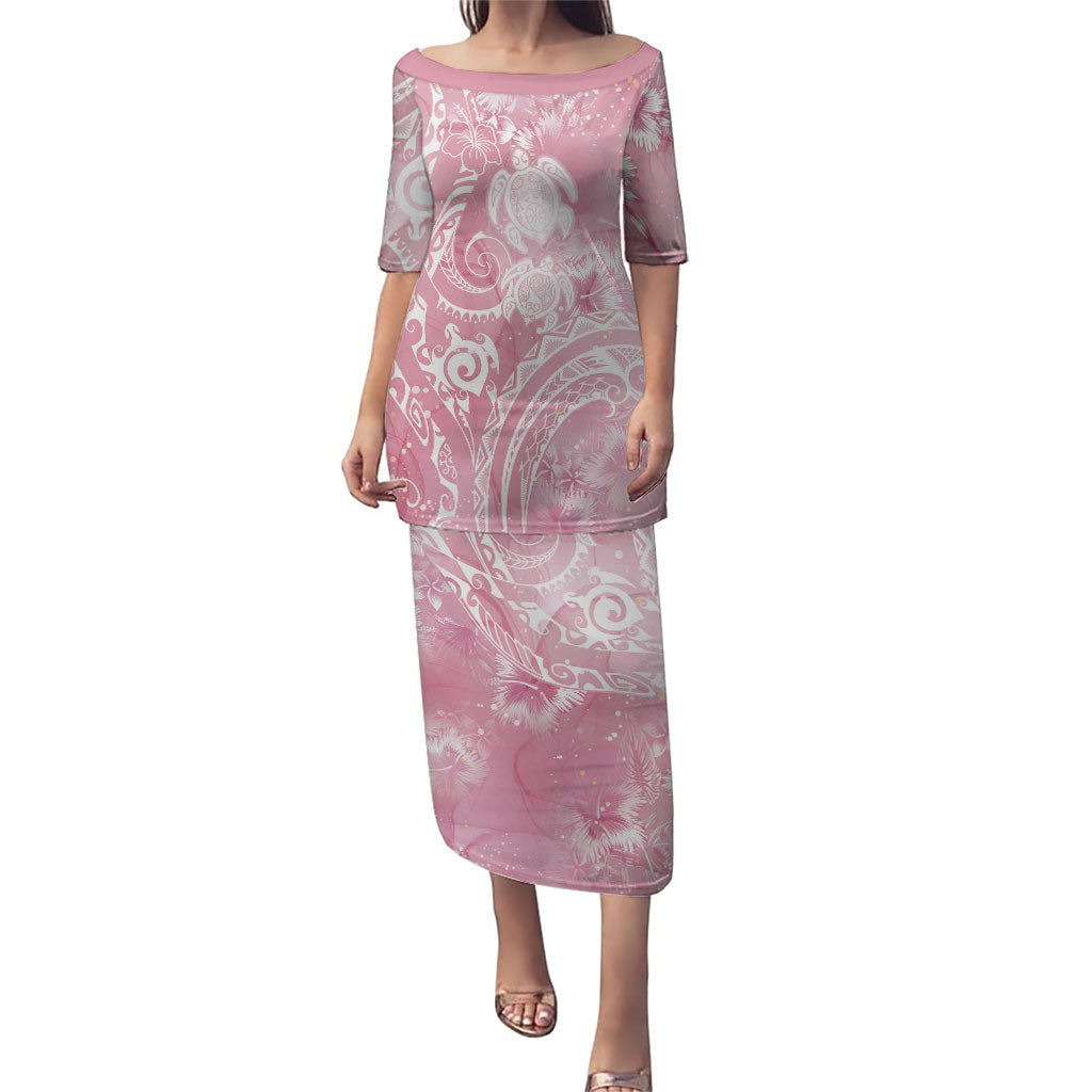 Aloha Hawaii Turtles Floral Puletasi Pink Marbles Glaze LT7 Long Dress Pink - Polynesian Pride