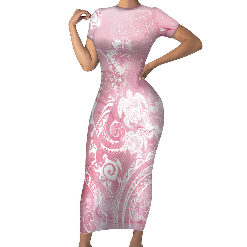 Aloha Hawaii Turtles Floral Short Sleeve Bodycon Dress Pink Marbles Glaze LT7 Long Dress Pink - Polynesian Pride