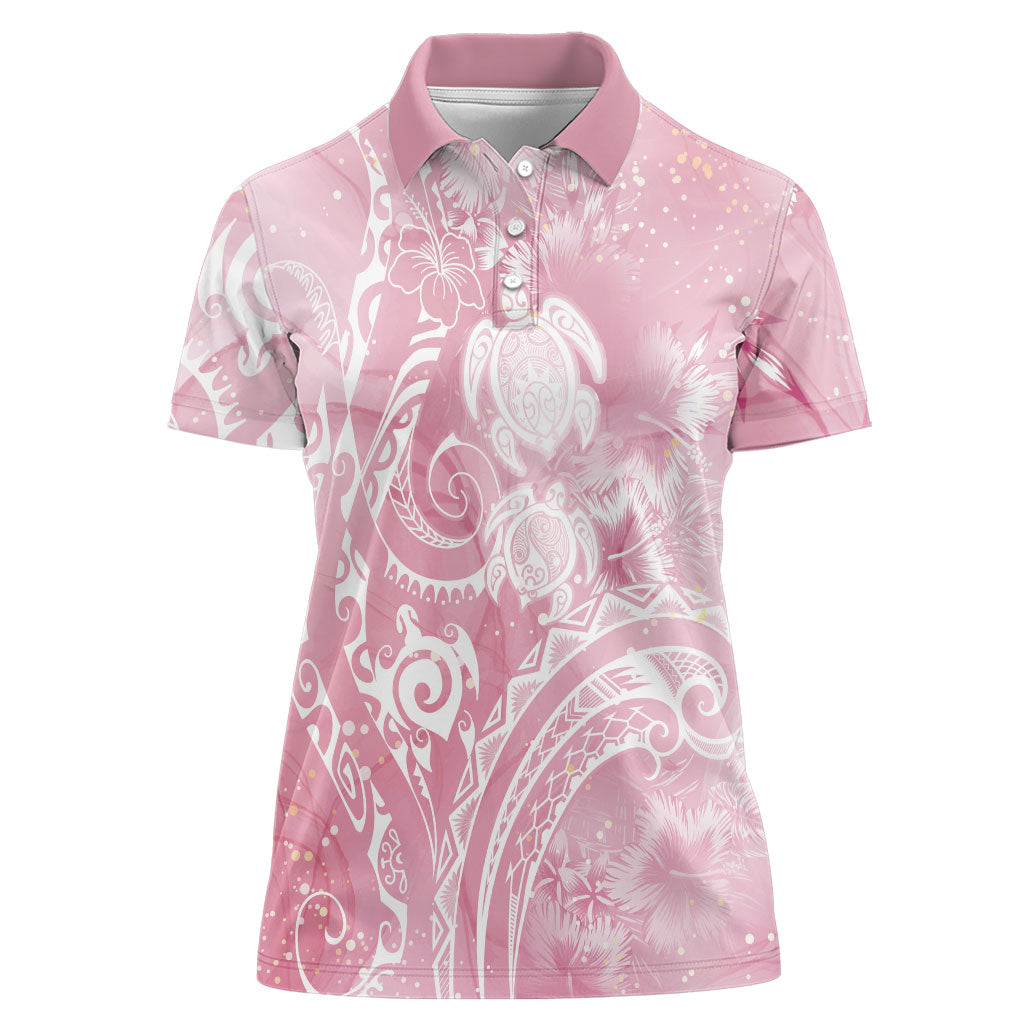 Aloha Hawaii Turtles Floral Women Polo Shirt Pink Marbles Glaze