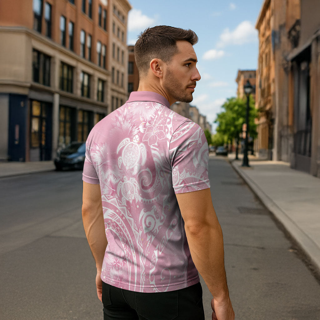 Aloha Hawaii Turtles Floral Zipper Polo Shirt Pink Marbles Glaze