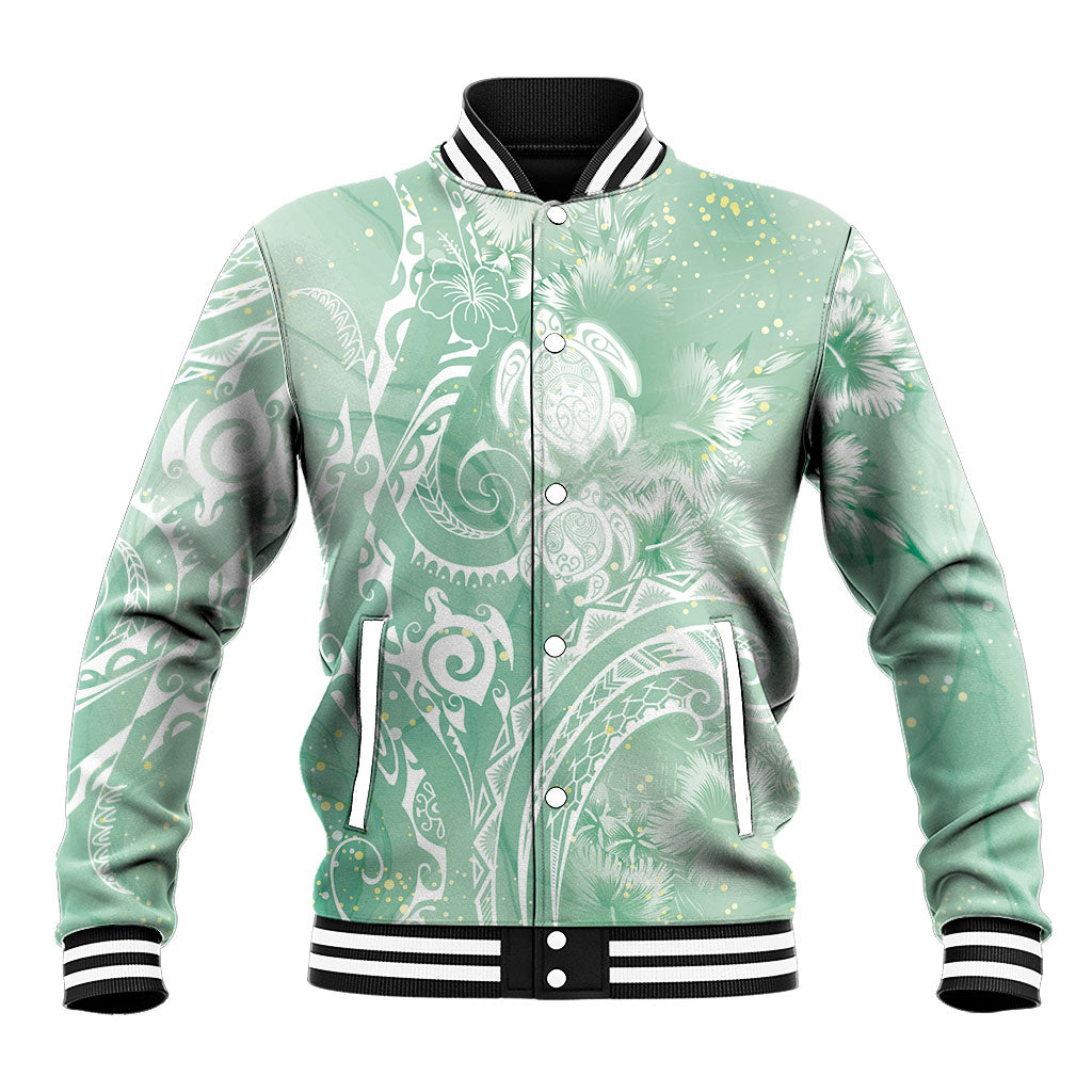 Aloha Hawaii Turtles Floral Baseball Jacket Seafoam Marbles Glaze LT7 Unisex Seafoam - Polynesian Pride