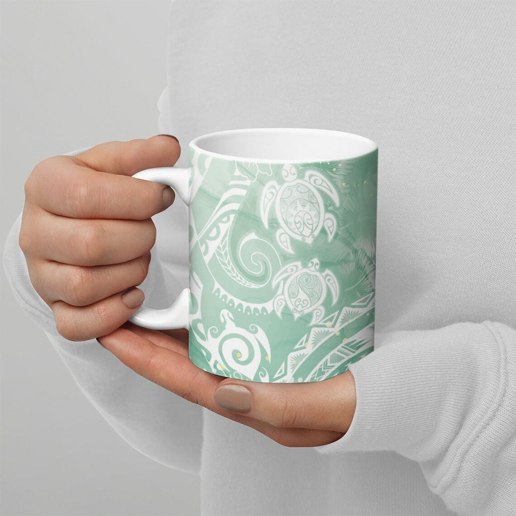 Aloha Hawaii Turtles Floral Ceramic Mug Seafoam Marbles Glaze