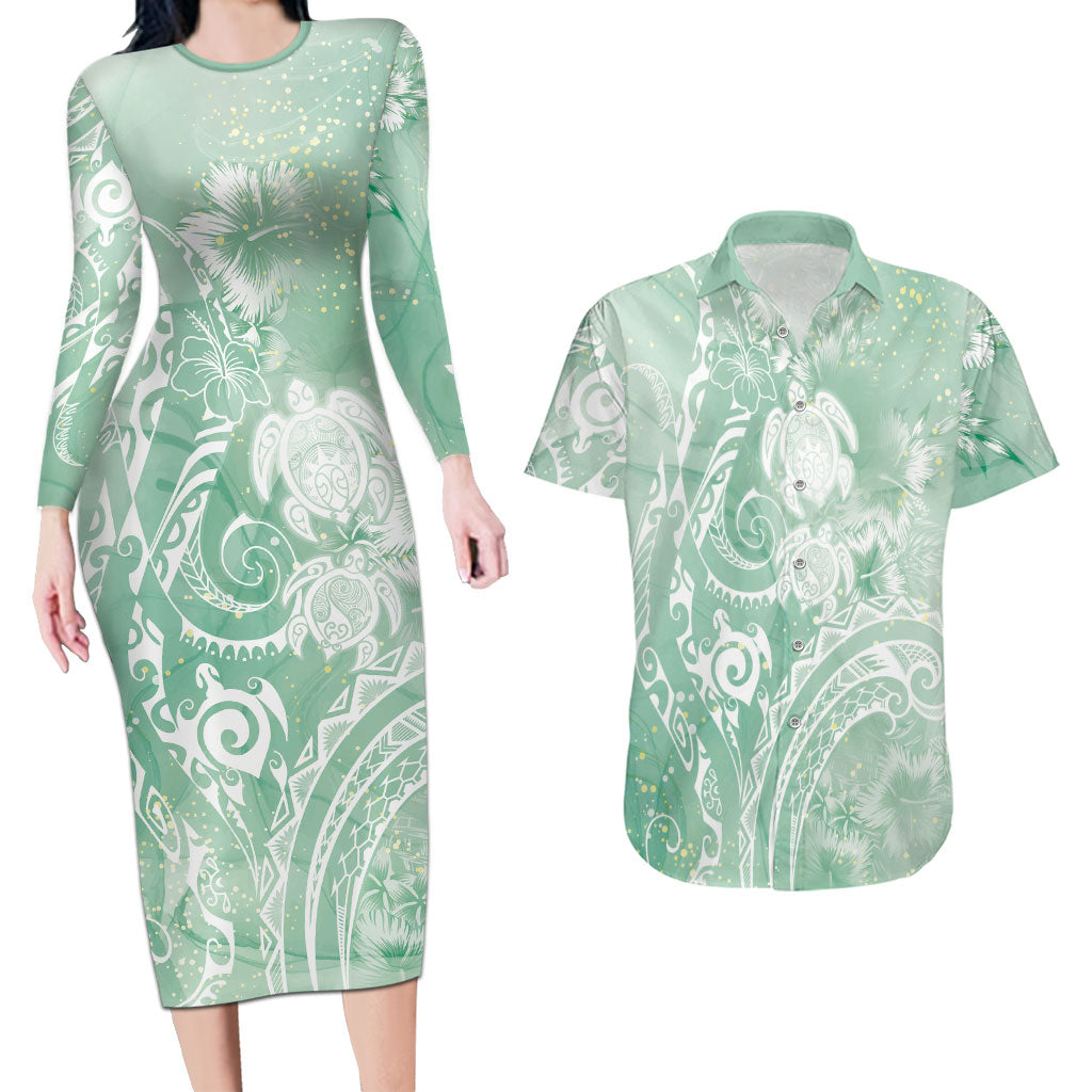 Aloha Hawaii Turtles Floral Couples Matching Long Sleeve Bodycon Dress and Hawaiian Shirt Seafoam Marbles Glaze LT7 Seafoam - Polynesian Pride