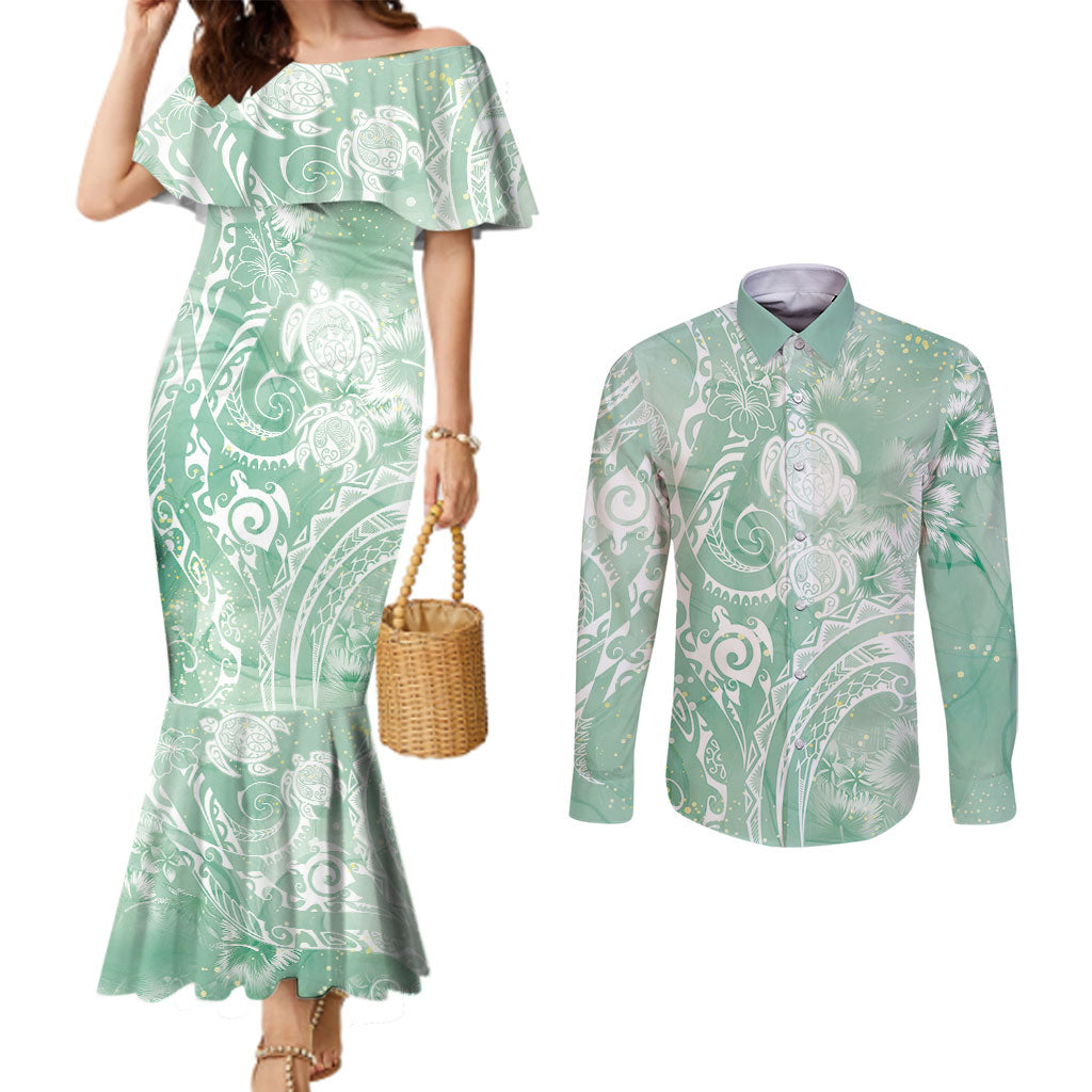 Aloha Hawaii Turtles Floral Couples Matching Mermaid Dress and Long Sleeve Button Shirt Seafoam Marbles Glaze