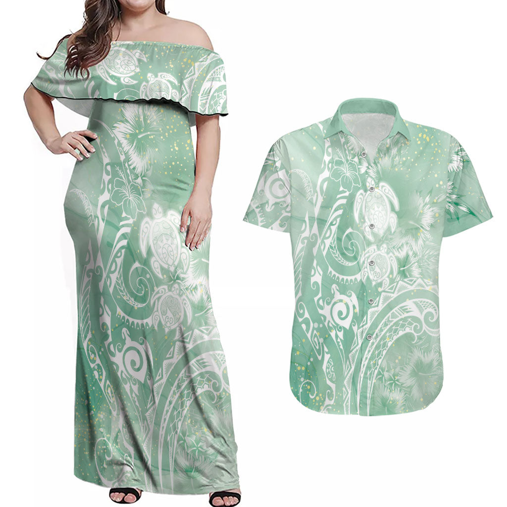 Aloha Hawaii Turtles Floral Couples Matching Off Shoulder Maxi Dress and Hawaiian Shirt Seafoam Marbles Glaze