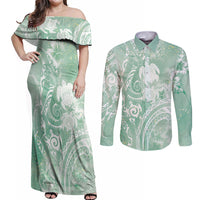 Aloha Hawaii Turtles Floral Couples Matching Off Shoulder Maxi Dress and Long Sleeve Button Shirt Seafoam Marbles Glaze