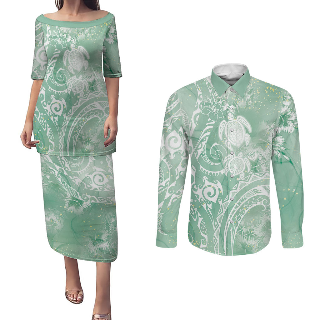 Aloha Hawaii Turtles Floral Couples Matching Puletasi and Long Sleeve Button Shirt Seafoam Marbles Glaze