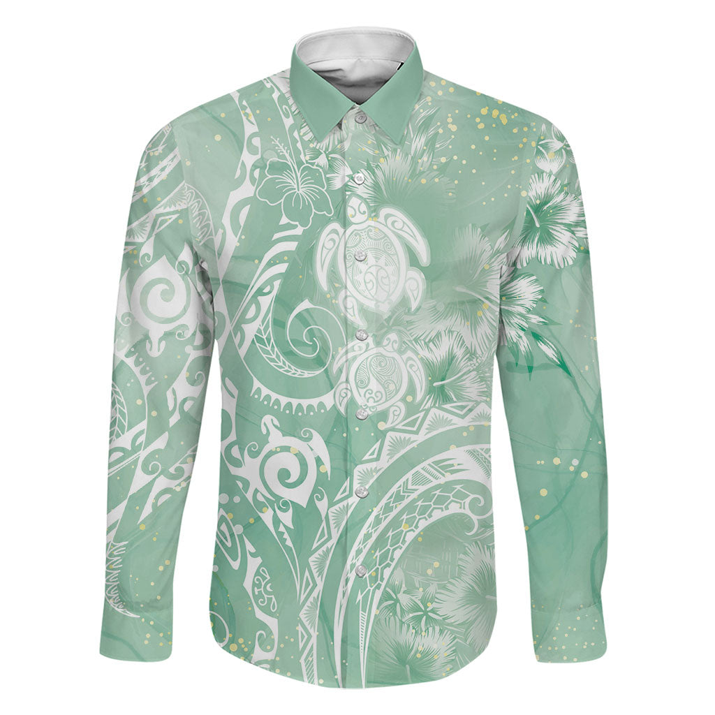Aloha Hawaii Turtles Floral Family Matching Long Sleeve Bodycon Dress and Hawaiian Shirt Seafoam Marbles Glaze