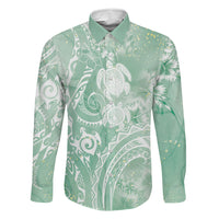 Aloha Hawaii Turtles Floral Family Matching Long Sleeve Bodycon Dress and Hawaiian Shirt Seafoam Marbles Glaze