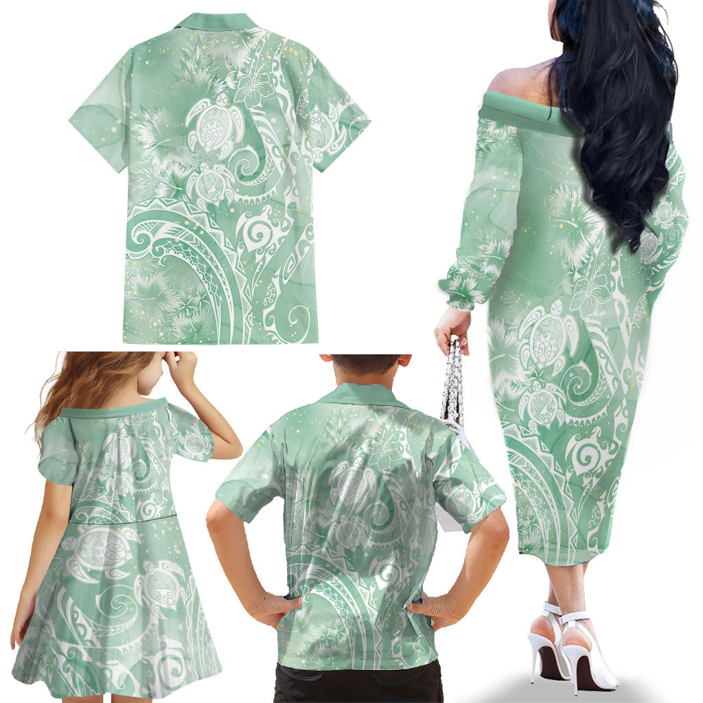 Aloha Hawaii Turtles Floral Family Matching Off The Shoulder Long Sleeve Dress and Hawaiian Shirt Seafoam Marbles Glaze