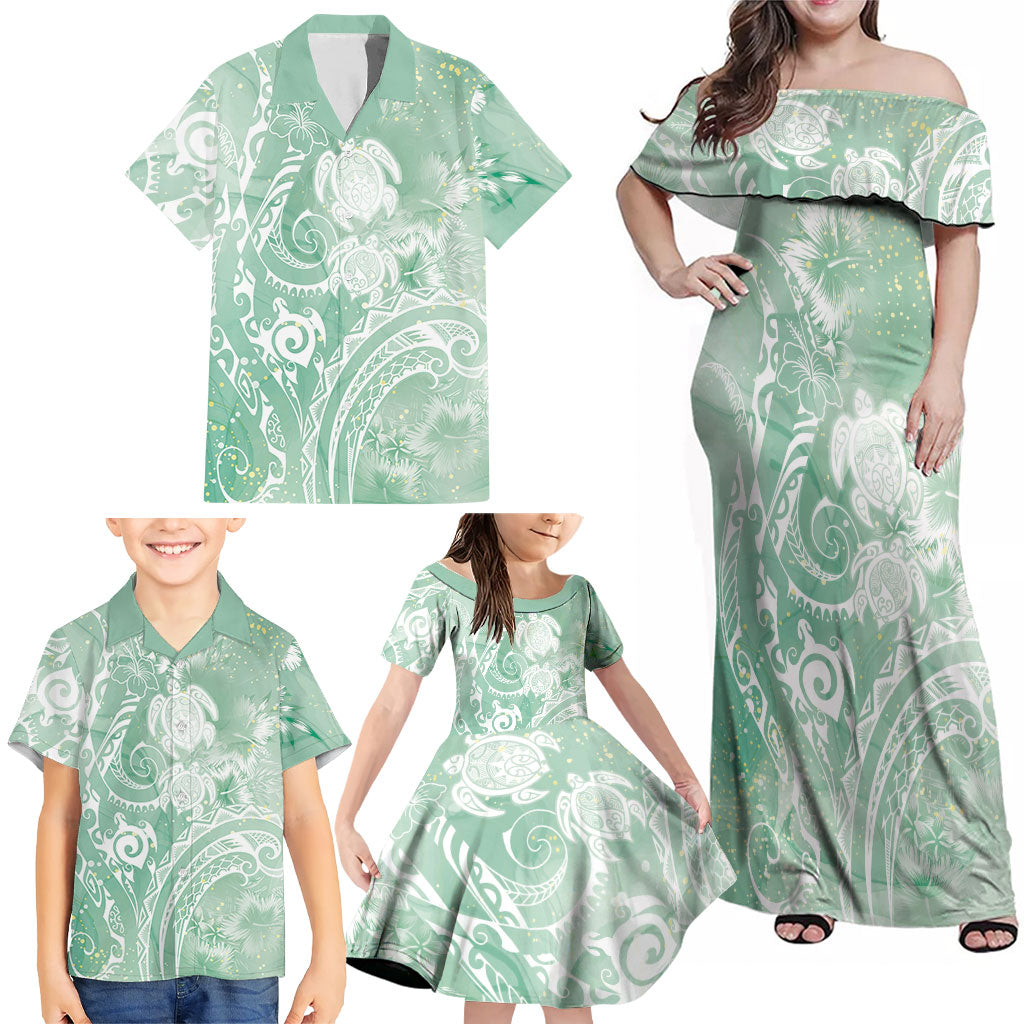 Aloha Hawaii Turtles Floral Family Matching Off Shoulder Maxi Dress and Hawaiian Shirt Seafoam Marbles Glaze LT7 - Polynesian Pride