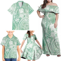 Aloha Hawaii Turtles Floral Family Matching Off Shoulder Maxi Dress and Hawaiian Shirt Seafoam Marbles Glaze