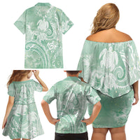 Aloha Hawaii Turtles Floral Family Matching Off Shoulder Short Dress and Hawaiian Shirt Seafoam Marbles Glaze