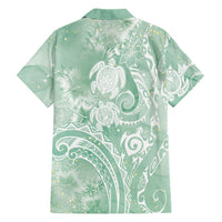 Aloha Hawaii Turtles Floral Family Matching Off Shoulder Short Dress and Hawaiian Shirt Seafoam Marbles Glaze
