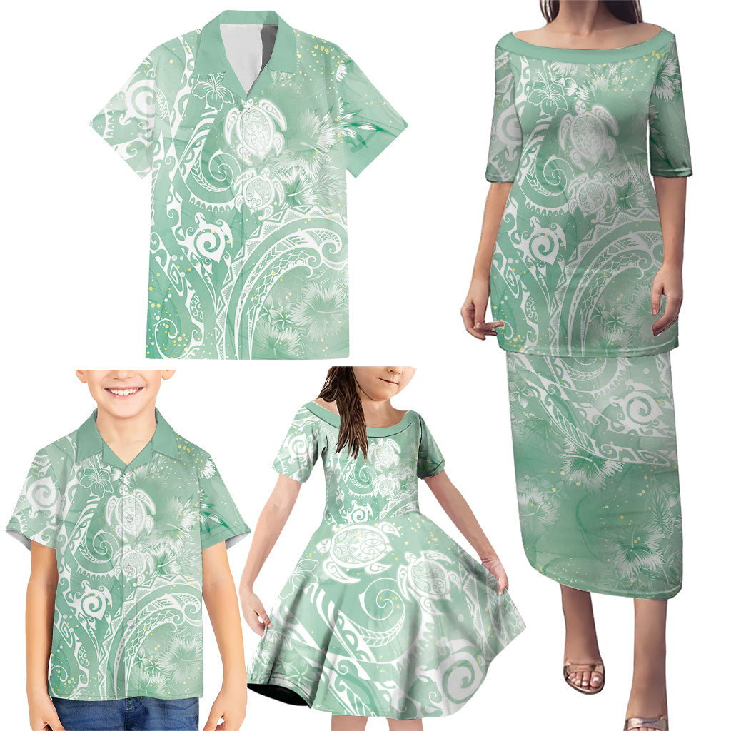 Aloha Hawaii Turtles Floral Family Matching Puletasi and Hawaiian Shirt Seafoam Marbles Glaze LT7 - Polynesian Pride