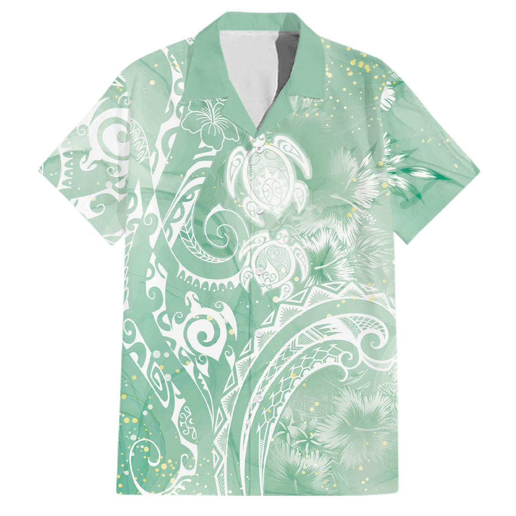 Aloha Hawaii Turtles Floral Family Matching Puletasi and Hawaiian Shirt Seafoam Marbles Glaze