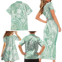 Aloha Hawaii Turtles Floral Family Matching Short Sleeve Bodycon Dress and Hawaiian Shirt Seafoam Marbles Glaze