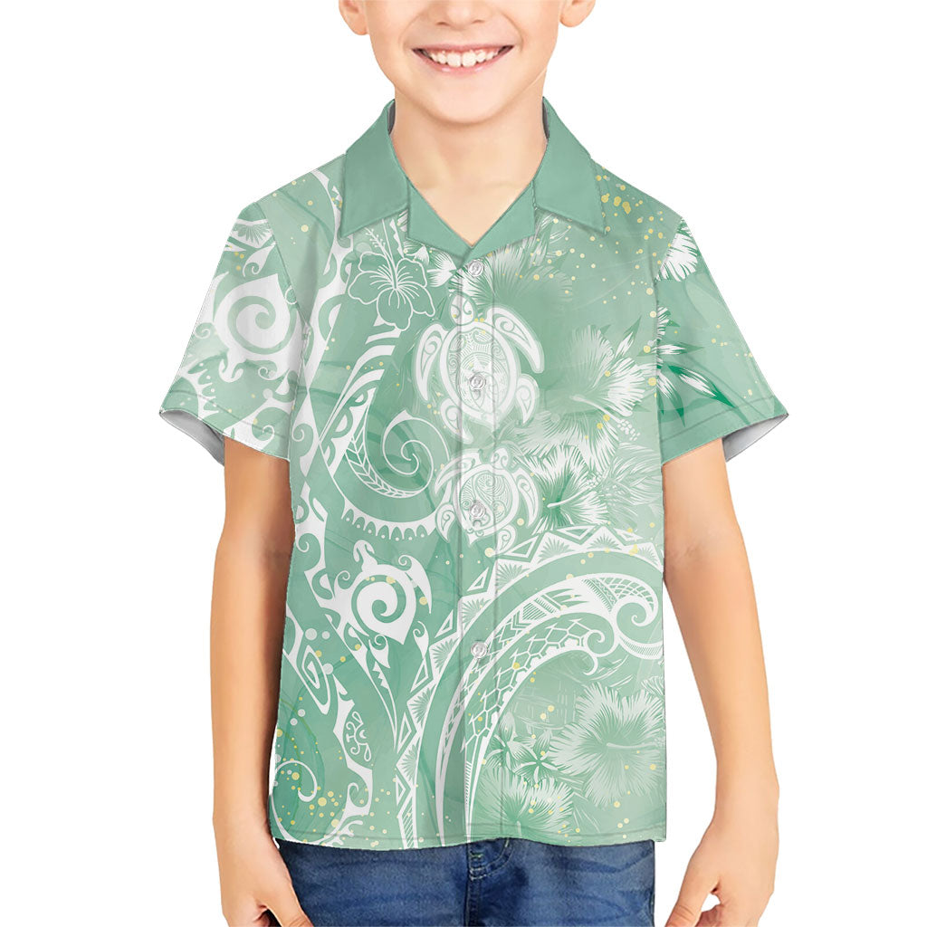 Aloha Hawaii Turtles Floral Family Matching Short Sleeve Bodycon Dress and Hawaiian Shirt Seafoam Marbles Glaze