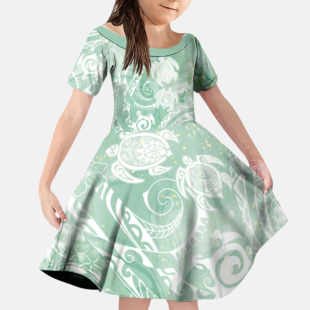 Aloha Hawaii Turtles Floral Family Matching Summer Maxi Dress and Hawaiian Shirt Seafoam Marbles Glaze