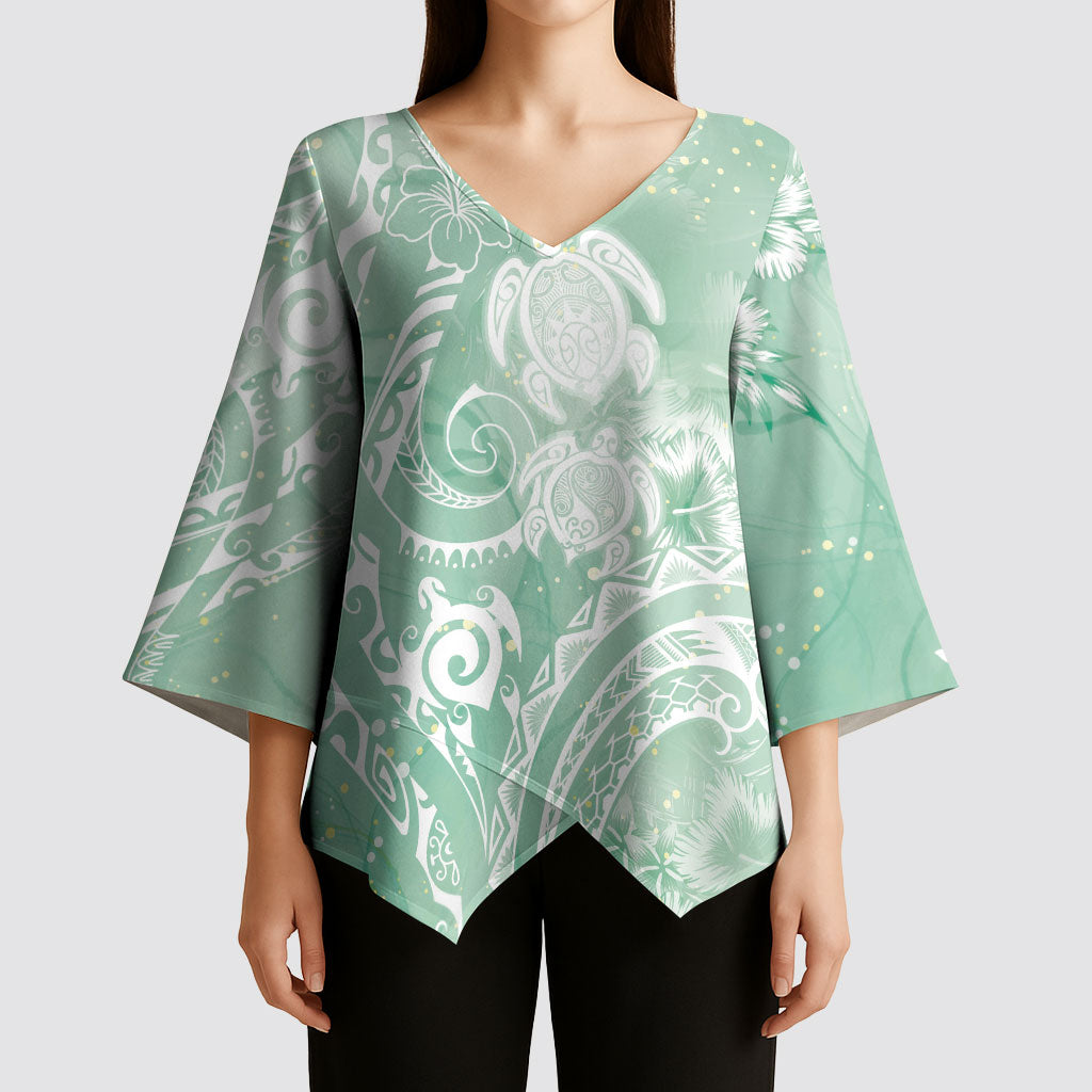 Aloha Hawaii Turtles Floral Kimono Sleeve Blouse Seafoam Marbles Glaze