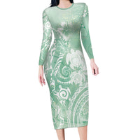 Aloha Hawaii Turtles Floral Long Sleeve Bodycon Dress Seafoam Marbles Glaze