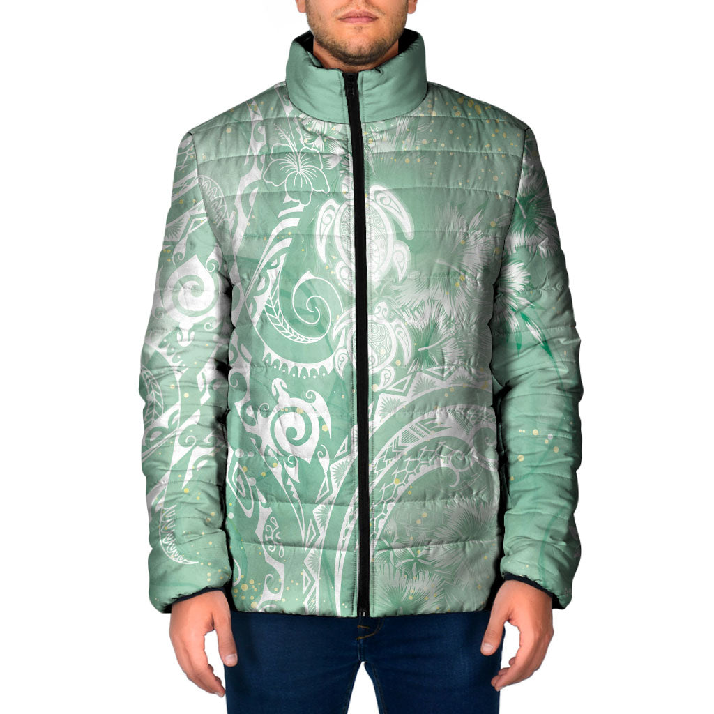 Aloha Hawaii Turtles Floral Padded Jacket Seafoam Marbles Glaze