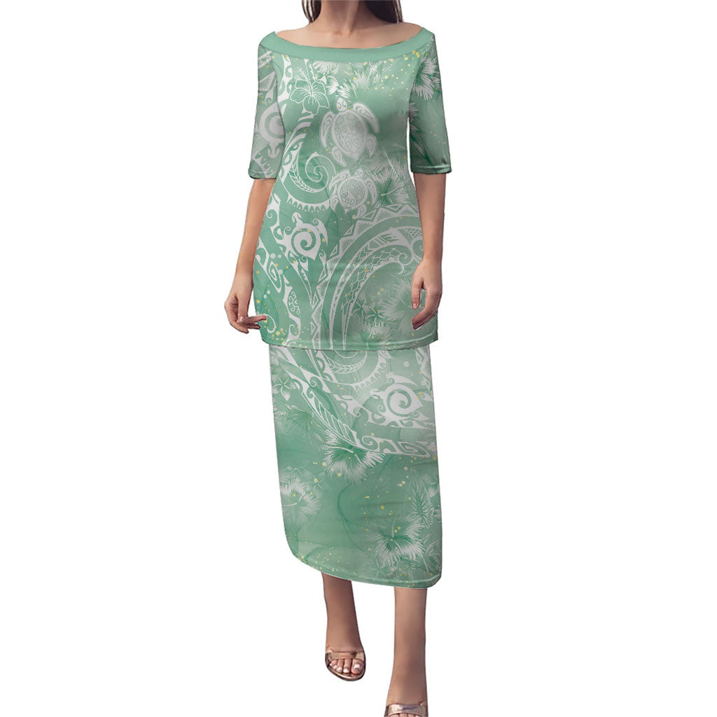 Aloha Hawaii Turtles Floral Puletasi Seafoam Marbles Glaze LT7 Long Dress Seafoam - Polynesian Pride